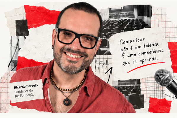 Ricardo Barceló, fundador da RB Formação, numa colagem com teatro e comunicação. Comunicar não é um talento. É uma competência que se aprende.