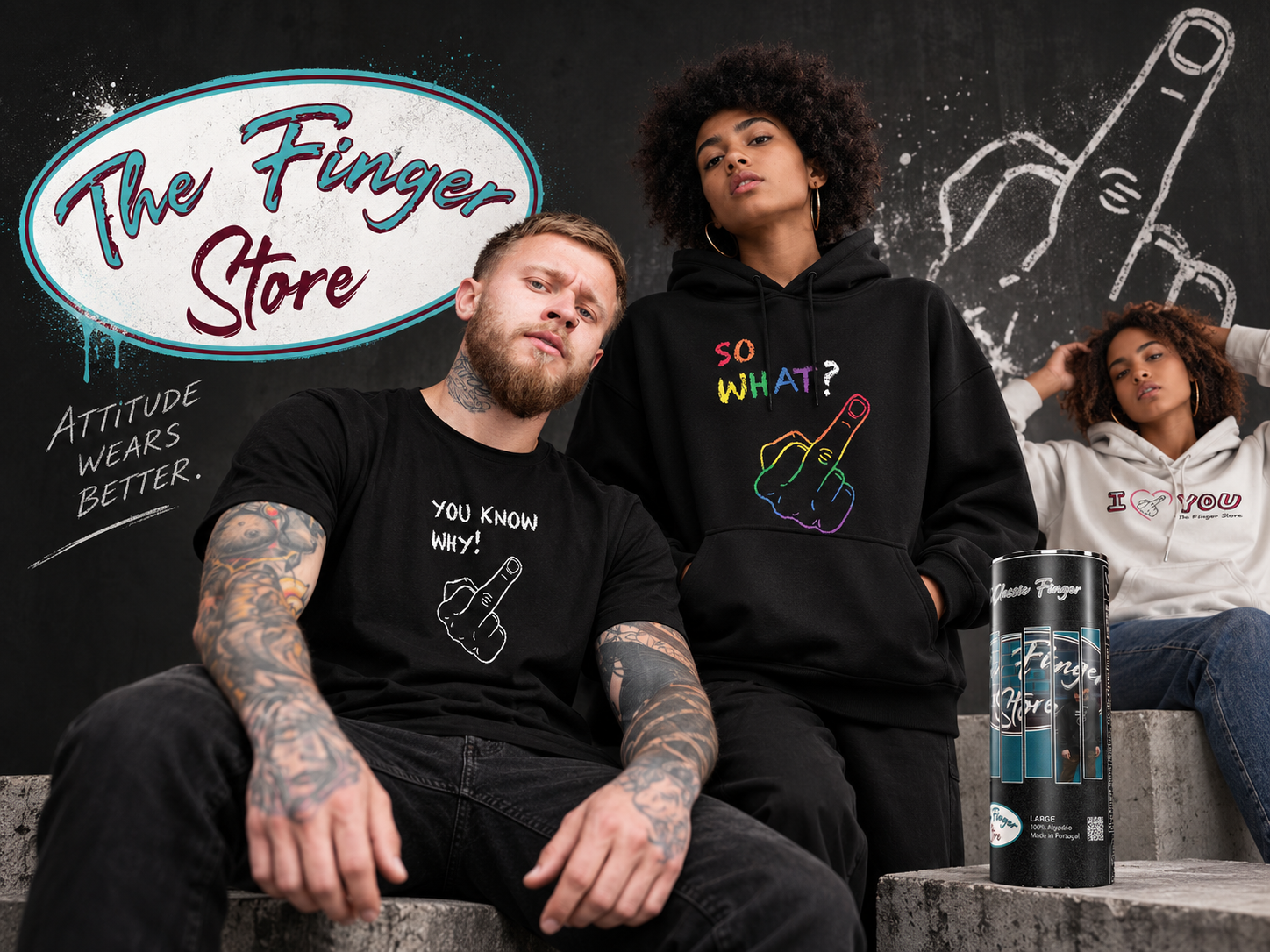 The Finger Store — identidade visual e aplicação em vestuário e embalagem