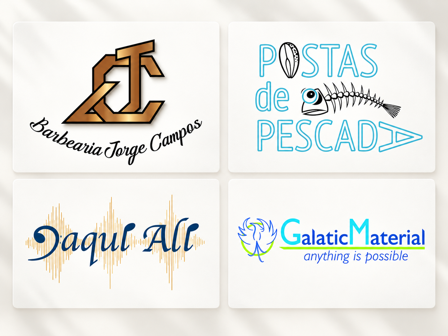 Identidades visuais de Barbearia Jorge Campos, Postas de Pescada, Daqui Ali e GalacticMaterial