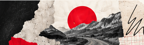 Colagem de paisagem montanhosa com papel rasgado e círculo vermelho
