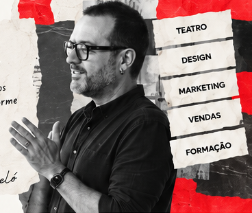 Ricardo Barceló numa colagem a preto e branco com teatro, design, marketing, vendas e formação
